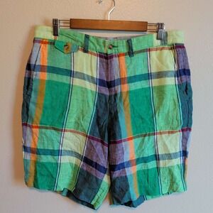 Polo Ralph Lauren Shorts Mens 33 Green Multi Plaid 100% Linen Classic Fit